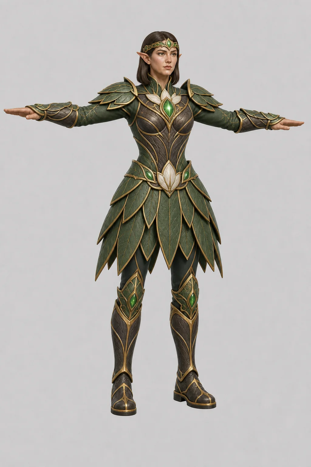 绿色与金色分层护甲角色的正面 T Pose 概念图